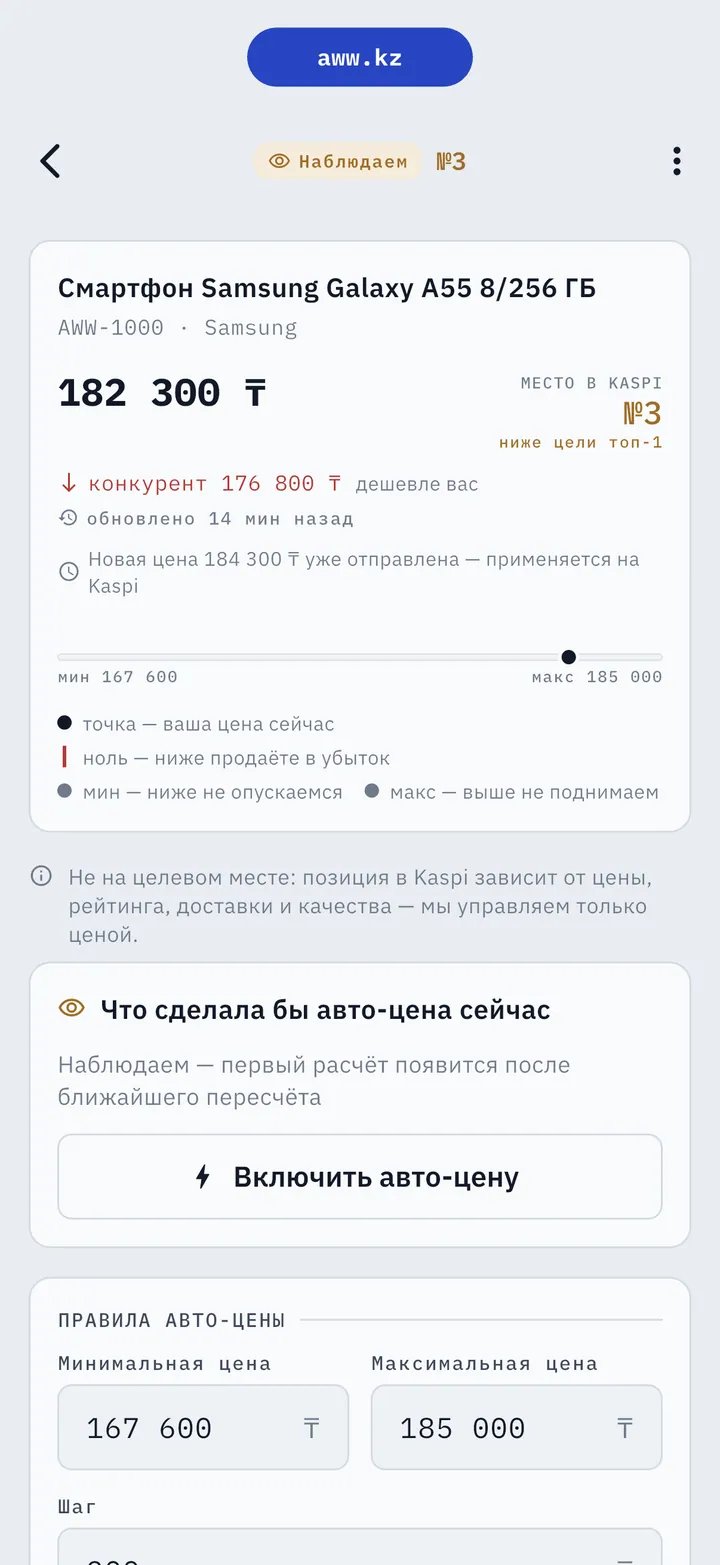Карточка товара в AWW: цена 182 300 ₸, место №3 в Kaspi, конкурент 176 800 ₸ дешевле, полоса минимум–максимум и блок «Что сделала бы авто-цена сейчас»